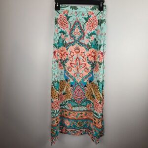 FP TO LOVE Womens Small Mint Green Floral Peacock Paisley Slit Maxi Skirt Boho